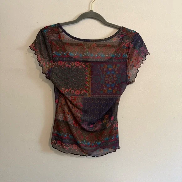 Natural Life Women Sheer Mesh Top Size M Square Neck Lettuce Hem Floral Boho NWT - Picture 2 of 7
